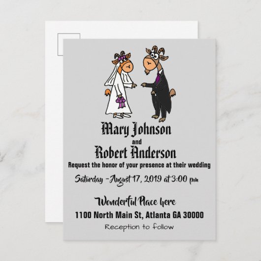 おもしろいなヤギの新郎新婦の結婚式招待状 インビテーションポストカード (正面/裏面)