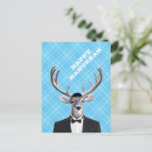 おもしろいなヤムルカの幸せなハヌカーのシカの青の格子縞 シーズンポストカード (スタンド正面)