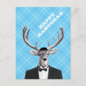 おもしろいなヤムルカの幸せなハヌカーのシカの青の格子縞 シーズンポストカード (正面)