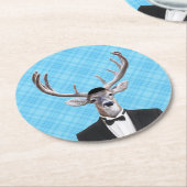 おもしろいなヤムルカの幸せなハヌカーのシカの青の格子縞 ラウンドペーパーコースター (アングル)