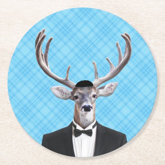 おもしろいなヤムルカの幸せなハヌカーのシカの青の格子縞 ラウンドペーパーコースター (正面)