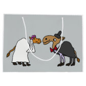 おもしろいなラクダの新郎新婦の結婚式の漫画 ラージペーパーバッグ (裏面)