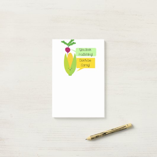 おもしろいなラディッシュおよびトウモロコシの野菜のユーモア ポストイット (デスク上)