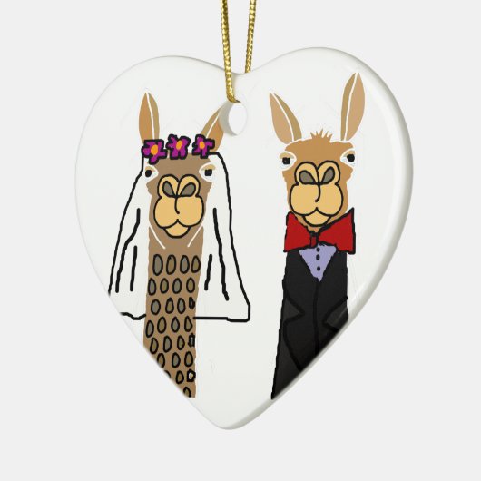 おもしろいなラマの新郎新婦の結婚式の芸術 セラミックオーナメント (左)