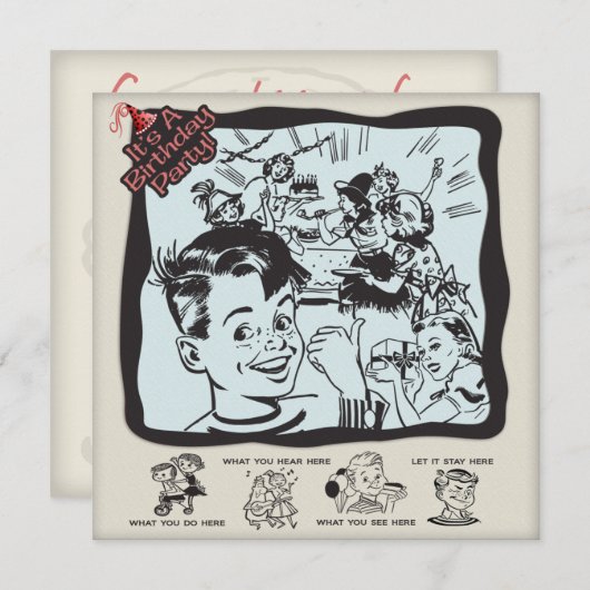 おもしろいなレトロの子供の誕生日のパーティー 招待状 (正面/裏面)