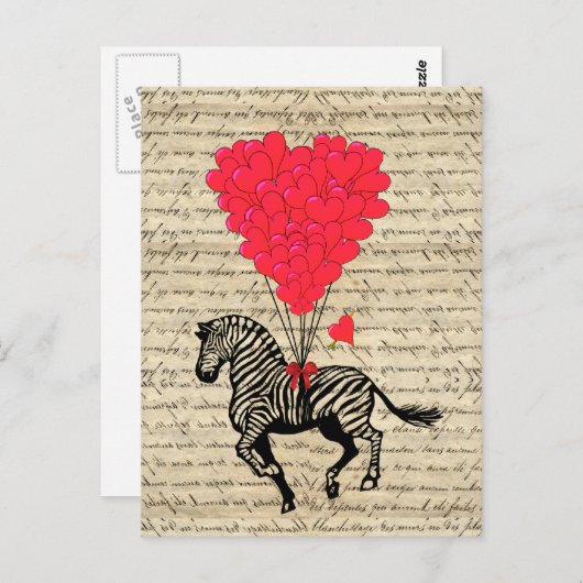 おもしろいなヴィンテージのシマウマ及びハートの気球 ポストカード (正面/裏面)