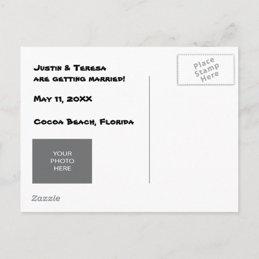 おもしろいな保存日付カードのビーチ結婚式 案内ポストカード (裏面)
