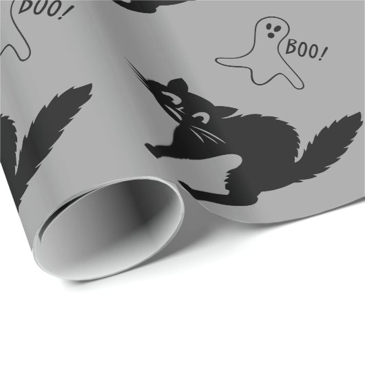 おもしろいな怒っている黒猫および不気味な幽霊のおもしろい ラッピングペーパー (ロールコーナー)