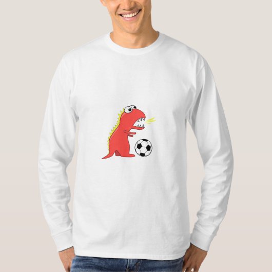 おもしろいな漫画の恐竜のサッカーの男性の長袖 Tシャツ (正面)