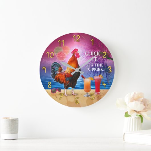 おもしろいな熱帯ビーチのオンドリの鶏|の鳴き声それ ラージ壁時計 (ホーム)