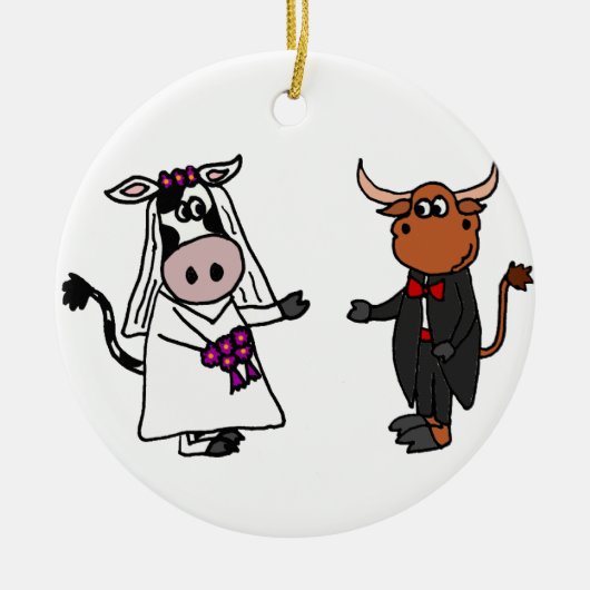 おもしろいな牛およびBullの結婚式 セラミックオーナメント (正面)