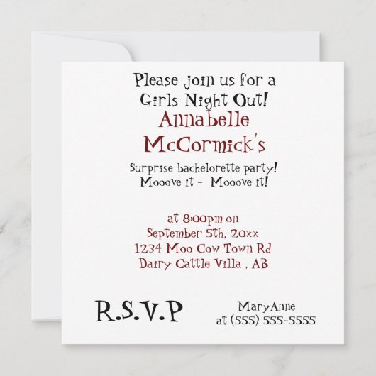 おもしろいな牛バチェロレッテか女の子の夜 招待状 (裏面)