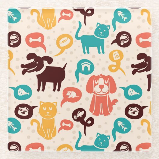 おもしろいな猫および犬が付いているパターン ガラスコースター (正面)