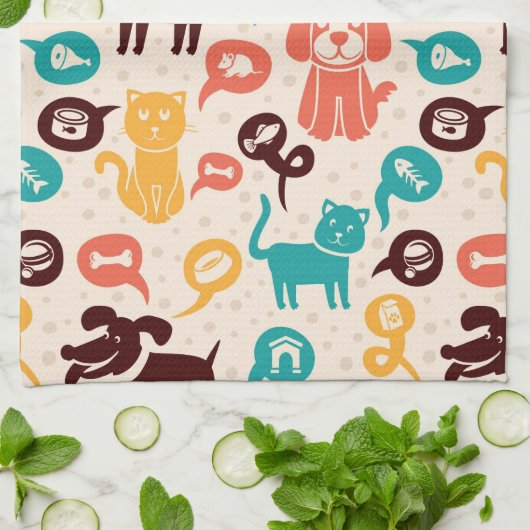 おもしろいな猫および犬が付いているパターン キッチンタオル (折り畳み)