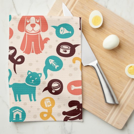 おもしろいな猫および犬が付いているパターン キッチンタオル (四つ折り)