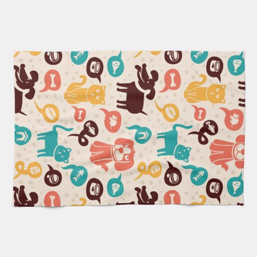 おもしろいな猫および犬が付いているパターン キッチンタオル (横)