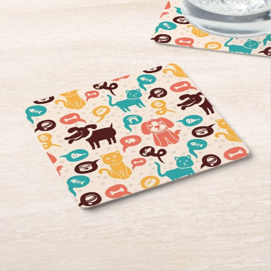 おもしろいな猫および犬が付いているパターン スクエアペーパーコースター (アングル)