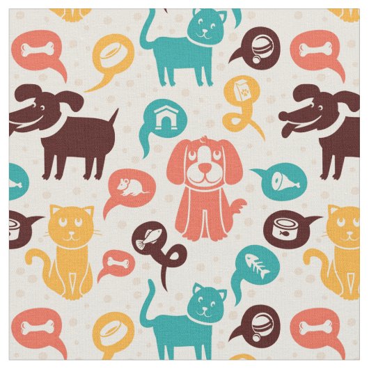 おもしろいな猫および犬が付いているパターン ファブリック (クローズアップ)