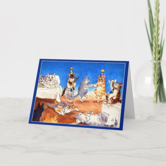 おもしろいな猫のクリスマス・パーティの挨拶状 シーズンカード (正面)