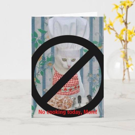 おもしろいな猫の母の日料理無し カード (黄色い花)