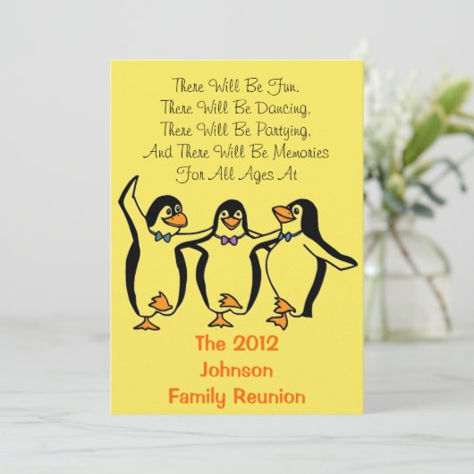 おもしろいな踊りのペンギンのお祝いの家族会 招待状 (スタンド正面)