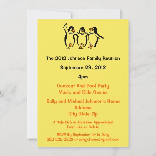 おもしろいな踊りのペンギンのお祝いの家族会 招待状 (裏面)