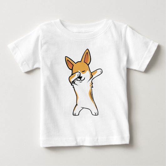 おもしろいな軽く押えるコーギーのTシャツ ベビーTシャツ (正面)
