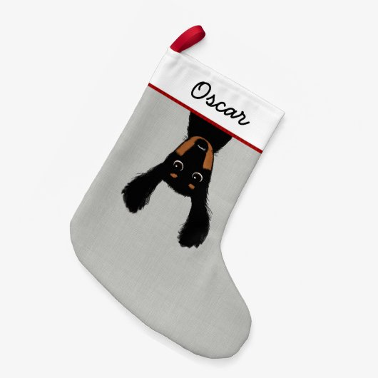 おもしろいな長い髪のダックスフントの漫画のウインナー犬のクリスマス スモールクリスマスストッキング (正面 (吊り時))