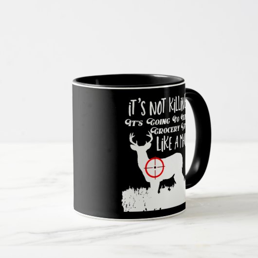 おもしろいな食料雑貨品店の狩りの人の引用文の木びき台のシカ マグカップ (正面右)