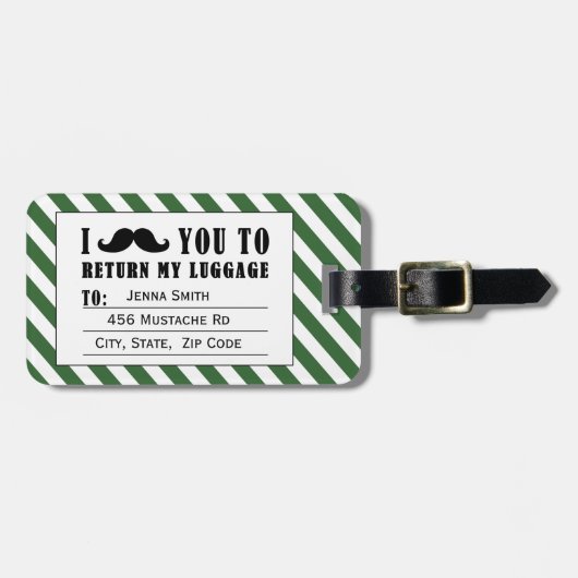 おもしろいな髭の荷物のラベル%PIPE%の緑のストライプ ラゲッジタグ (正面横)