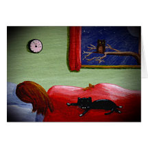 おもしろいな黒猫の女の子のフクロウカードCreationarts