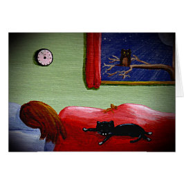 おもしろいな黒猫の女の子のフクロウカードCreationarts