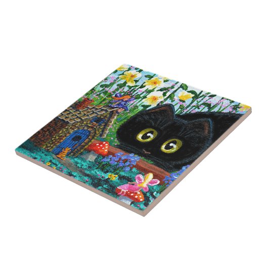 おもしろいな黒猫の妖精の庭のコテージ タイル (側面)