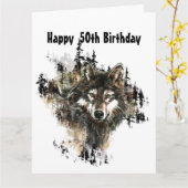 おもしろいな、第50 50の誕生日のオオカミ、オオカミ カード (黄色い花)