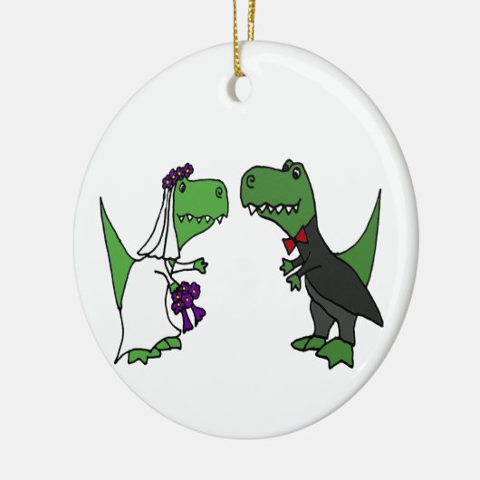 おもしろいなTレックスの恐竜の新郎新婦の結婚式の芸術 セラミックオーナメント (左)