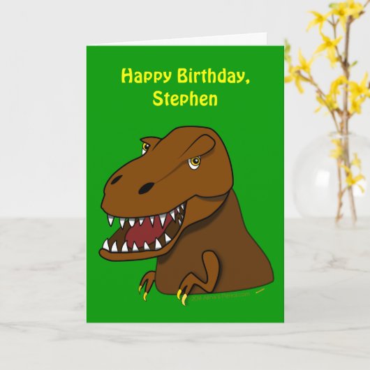 おもしろいなTyrranosaurusのレックスの子供の誕生日の名前をカスタムする カード (黄色い花)