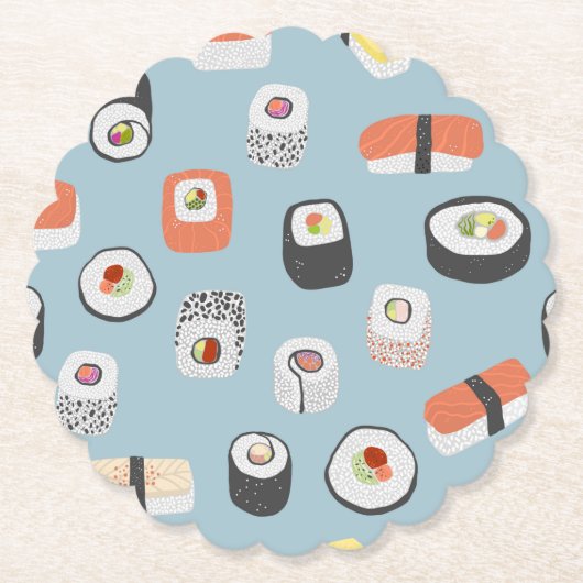 おもしろいにぎり転が巻き日本の食品パターン ペーパーコースター (正面)