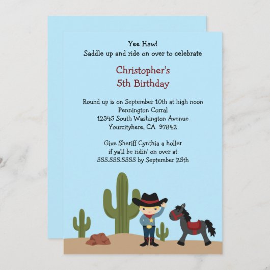 おもしろいのカウボーイの西部の男の子の誕生日のパーティの招待状 招待状 (正面/裏面)
