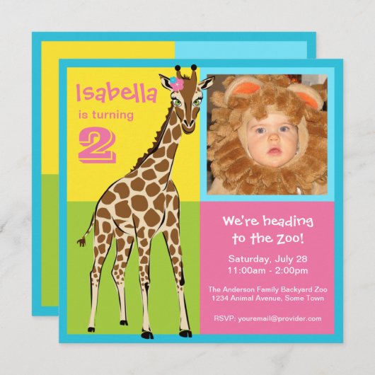 おもしろいのカラフルな小さな女の子のキリンの写真の招待状 招待状 (正面/裏面)