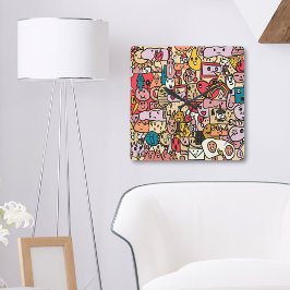 おもしろいのキャラクタ手描きトスパターンの子ども  スクエア壁時計