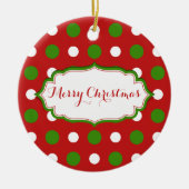 おもしろいのクリスマスグリーンと赤の白水玉模様 セラミックオーナメント (正面)