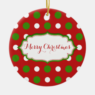 おもしろいのクリスマスグリーンと赤の白水玉模様 セラミックオーナメント