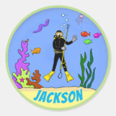 おもしろいのシーカー付きスキューバダイバーマンガ ラウンドシール (正面)
