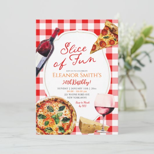 おもしろいのスライスとワインテーマ大人誕生日 招待状 (スタンド正面)