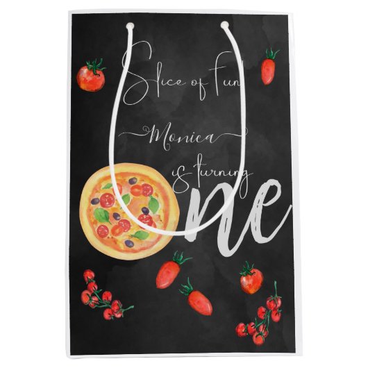おもしろいのスライス、最初のピザ誕生日 ミディアムペーパーバッグ (正面)