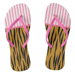 おもしろいのピンクのストライプ及びTigerprint ビーチサンダル