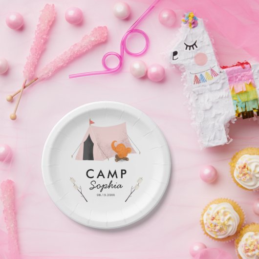 おもしろいのピンクのテントのキャンプの誕生会 ペーパープレート (パーティー)