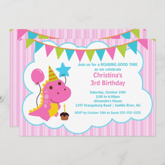 おもしろいのピンクの恐竜の誕生日のパーティの招待状 招待状 (正面/裏面)