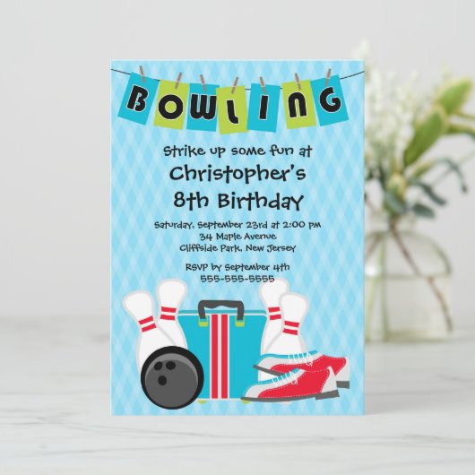 おもしろいのボーリングをする男の子のバースデーパーティ招待状 招待状 (スタンド正面)
