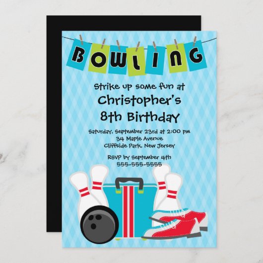 おもしろいのボーリングをする男の子のバースデーパーティ招待状 招待状 (正面/裏面)